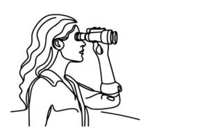 One continuous black line hand drawing of traveler woman standing, holding binocular and looking into distance with binoculars linear sketch doodle on white background vector