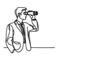 One continuous black line hand drawing of traveler man standing, holding binocular and looking into distance with binoculars linear sketch doodle on white background vector