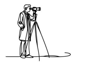 One continuous black line hand drawing of traveler man standing, holding binocular and looking into distance with binoculars linear sketch doodle on white background vector