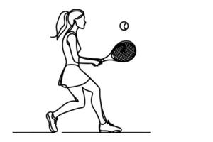 One continuous black line hand drawing of woman playing tennis Doodle linear drawing girl cartoon player on white. vector