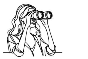 One continuous black line hand drawing of traveler woman standing, holding binocular and looking into distance with binoculars linear sketch doodle on white background vector