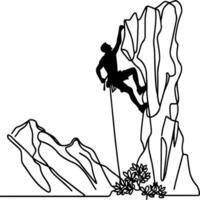 One continuous black line drawing of man rock Climbing a steep rocky cliff Doodle linear drawing cartoon on white background. vector