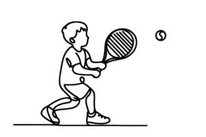 One continuous black line hand drawing of child playing tennis Doodle linear drawing man cartoon player on white. vector