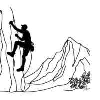 One continuous black line drawing of man rock Climbing a steep rocky cliff Doodle linear drawing cartoon on white background. vector