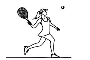 uno continuo negro línea mano dibujo de mujer jugando tenis garabatear lineal dibujo niña dibujos animados jugador en blanco. vector