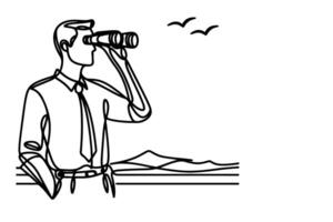 One continuous black line hand drawing of traveler man standing, holding binocular and looking into distance with binoculars linear sketch doodle on white background vector