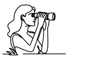 One continuous black line hand drawing of traveler woman standing, holding binocular and looking into distance with binoculars linear sketch doodle on white background vector