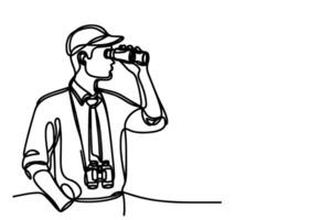 One continuous black line hand drawing of traveler man standing, holding binocular and looking into distance with binoculars linear sketch doodle on white background vector
