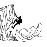 One continuous black line drawing of man rock Climbing a steep rocky cliff Doodle linear drawing cartoon on white background. vector