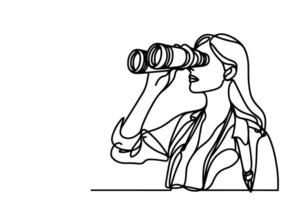 uno continuo negro línea mano dibujo de viajero mujer de pie, participación binocular y mirando dentro distancia con prismáticos lineal bosquejo garabatear en blanco antecedentes vector