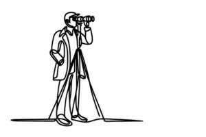 One continuous black line hand drawing of traveler man standing, holding binocular and looking into distance with binoculars linear sketch doodle on white background vector