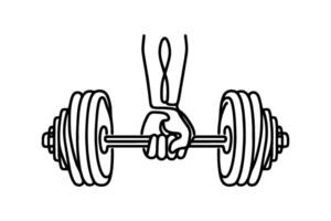 One continuous black line drawing of man lifting barbel with a heavy weight bar weightlifting at gym doodle linear drawing cartoon on white background vector