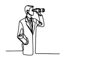 One continuous black line hand drawing of traveler man standing, holding binocular and looking into distance with binoculars linear sketch doodle on white background vector