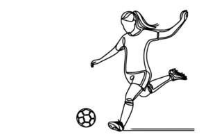 One continuous black line drawing of man football player take a free kick on white background doodle cartoon of sport outline style vector