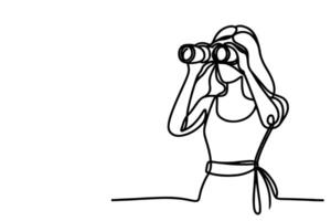 One continuous black line hand drawing of traveler woman standing, holding binocular and looking into distance with binoculars linear sketch doodle on white background vector