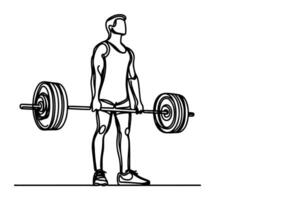 One continuous black line drawing of man lifting barbel with a heavy weight bar weightlifting at gym doodle linear drawing cartoon on white background vector