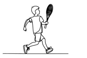 One continuous black line hand drawing of child playing tennis Doodle linear drawing man cartoon player on white. vector