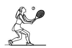 One continuous black line hand drawing of woman playing tennis Doodle linear drawing girl cartoon player on white. vector