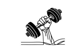 One continuous black line drawing of closeup strong hand man lifting up steel dumbbell with a heavy weight barbell weightlifting at gym doodle linear drawing cartoon on white background vector