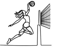 uno continuo negro línea dibujo de vóleibol mujer saltar y patada pelota con vóleibol red garabatear lineal dibujo dibujos animados en blanco antecedentes. vector