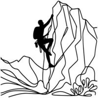 One continuous black line drawing of man rock Climbing a steep rocky cliff Doodle linear drawing cartoon on white background. vector