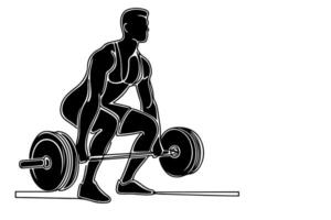 One continuous black line drawing of man lifting barbel with a heavy weight bar weightlifting at gym doodle linear drawing cartoon on white background vector