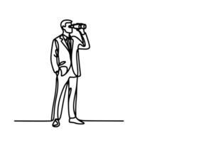 One continuous black line hand drawing of traveler man standing, holding binocular and looking into distance with binoculars linear sketch doodle on white background vector