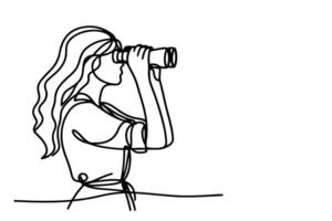 One continuous black line hand drawing of traveler woman standing, holding binocular and looking into distance with binoculars linear sketch doodle on white background vector