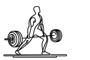 One continuous black line drawing of man lifting barbel with a heavy weight bar weightlifting at gym doodle linear drawing cartoon on white background vector