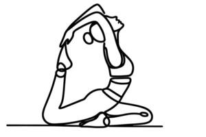 yoga international yoga day. Woman does exercises with hand to relaxation line art drawing style black linear sketch, hand drawing doodle girl engaged in yoga vector