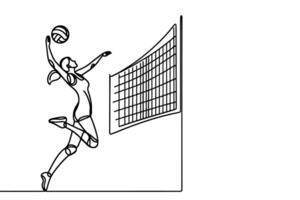 uno continuo negro línea dibujo de vóleibol mujer saltar y patada pelota con vóleibol red garabatear lineal dibujo dibujos animados en blanco antecedentes. vector