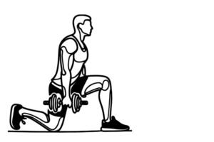 One continuous black line drawing of man lifting barbel with a heavy weight bar weightlifting at gym doodle linear drawing cartoon on white background vector