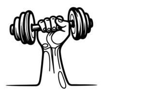One continuous black line drawing of closeup strong hand man lifting up steel dumbbell with a heavy weight barbell weightlifting at gym doodle linear drawing cartoon on white background vector