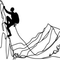 One continuous black line drawing of man rock Climbing a steep rocky cliff Doodle linear drawing cartoon on white background. vector