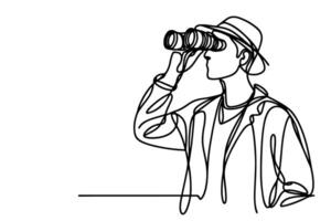 One continuous black line hand drawing of traveler man standing, holding binocular and looking into distance with binoculars linear sketch doodle on white background vector