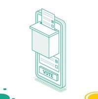 Isometric online voting and election concept using the smartphone. Smartphone with vote on screen. People vote online using mobile app to choose their candidate. vector