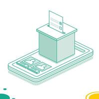 Isometric online voting and election concept using the smartphone. Smartphone with vote on screen. People vote online using mobile app to choose their candidate. vector