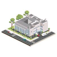 Isometric shopping mall. Infographic element. Supermarket building. People, trucks and trees with green leaves isolated on white background. vector