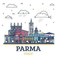 Outline Parma Italy City Skyline with Colored Historic Buildings Isolated on White. Parma Cityscape with Landmarks. vector