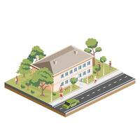 Isometric residential two storey building with people, road and trees. Icon or infographic element. City home. Architectural symbol isolated on white background. 3D object. vector