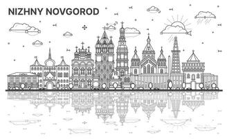 Outline Nizhny Novgorod Russia city skyline with modern, historic buildings and reflections isolated on white. Nizhny Novgorod cityscape with landmarks. vector