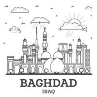 contorno Bagdad Irak ciudad horizonte con histórico edificios aislado en blanco. Bagdad paisaje urbano con puntos de referencia vector