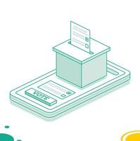 Isometric online voting and election concept using the smartphone. Smartphone with vote on screen. People vote online using mobile app to choose their candidate. vector