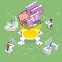 Flat isometric concept of software development, teamwork. vector