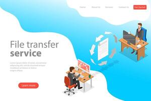 Isometric flat landing page template of file transfer service. vector