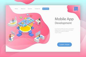 Flat isometric landing page template of mobile app development. vector