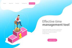 Isometric flat landing page template for effective time management. vector