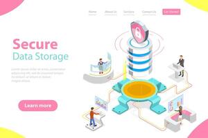 Flat isometric landing page template of secure online storage. vector