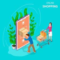 Flat isometric concept of mobile shopping, e-commerce, online store. vector