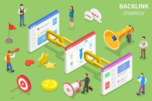 Isometric flat concept of backlink strategy, SEO link building. vector